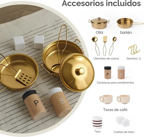 Vista 6 de Cocina de madera de juguete para niños – Juego de cocina de simulación con estufa realista, fregadero, cafetera, máquina de hielo, cocina de juguete