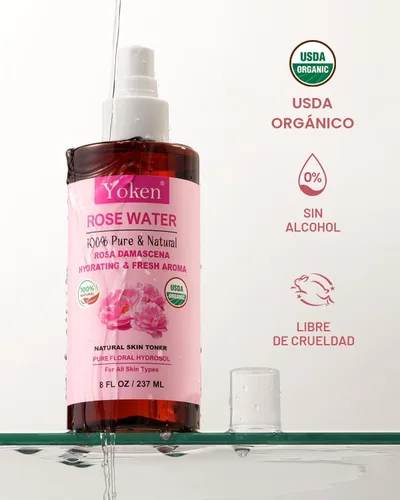 Vista 2 de Yoken Spray de agua de rosas orgánica de 8 onzas, niebla facial orgánica USDA, sin alcohol