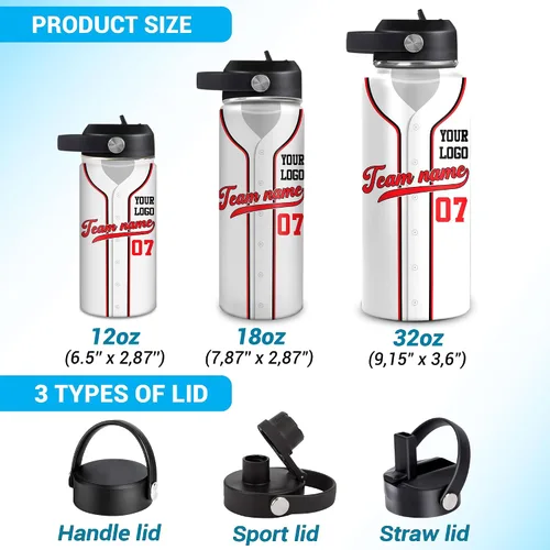Vista 5 de Hyturtle Botella de agua de béisbol personalizada, botella de acero inoxidable aislada de viaje con tapa a prueba de fugas, 18 onzas, 32 onzas