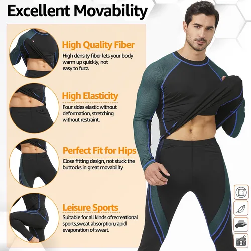Vista 5 de UNIQUEBELLA Men's Thermal Underwear Sets Top & Long Johns Fleece Sweat Quick Drying Thermo Base Layer