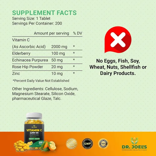 Vista 2 de Dr. JOEL'S Vitamina C de apoyo inmunológico 2000 mg - 200 tabletas - con zinc, saúco, rosa mosqueta, equinácea - Impulsa el sistema inmunológico