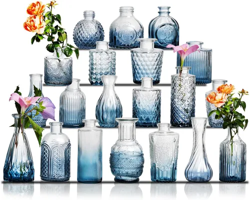 Vista 19 de Juego de jarrones de cristal para capullos de 20 piezas - Jarrones pequeños para flores a granel - Jarrones de cristal vintage surtidos para flores