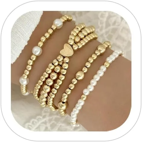 Vista 11 de Pulseras de perlas para mujer, pulsera de perlas de imitación con cuentas de perlas blancas, juego de pulseras elásticas apilables, pulseras
