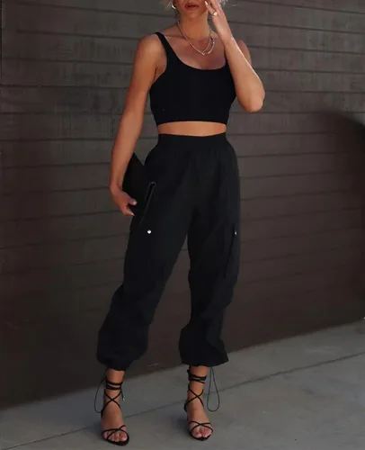 Vista 3 de Pantalones de paracaídas para mujer, cintura alta elástica, pantalones cargo Y2K holgados con 4 bolsillos
