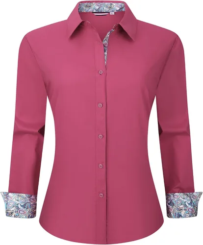 Vista 11 de WARHORSEE Blusas de vestir de manga larga con botones de algodón para mujer, blusas de trabajo elegantes de fácil cuidado, blusas casuales