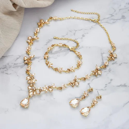 Vista 5 de BriLove Juego de joyas de boda para mujer, novia, collar en Y, pulsera de tenis, juego de aretes colgantes de lágrima de cristal, joyería de racimo