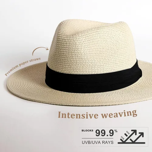 Vista 2 de FURTALK Sombrero Panamá de paja de ala ancha para mujer y hombre, sombrero de paja Fedora para verano, playa, sombrero de paja UPF para mujer