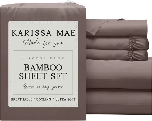 Vista 45 de KARISSA MAE Juego de sábanas de viscosa de bambú de lujo, 100% certificado FSC, refrescante, lujosamente suave, bolsillos profundos de 18 pulgadas