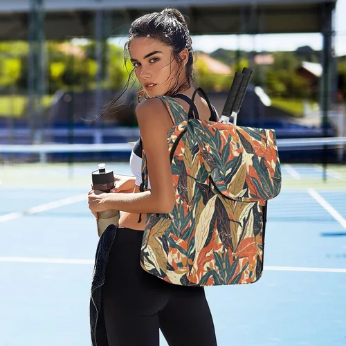Vista 7 de Mochila de tenis para adultos, diseño de hojas coloridas, diseño de impresión, accesorios deportivos, mochila para mujeres y hombres, raquetas