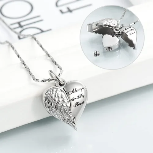 Vista 3 de Imrsanl Joyería de cremación para cenizas, collar de urna de corazón, colgantes, cenizas para mujeres, hombres, recuerdo familiar, ala de ángel