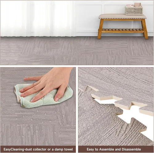 Vista 3 de Azulejos de espuma estampada de 0.4 pulgadas de grosor, 24 x 24 pulgadas, 25 piezas, suelo protector estilo grano de madera, para el hogar