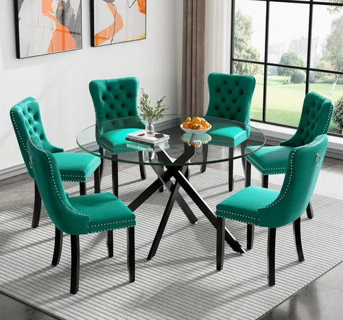 Vista 112 de Juego de mesa de comedor SSLine moderno de 3 piezas con mesa redonda de vidrio para 2, lujosa mesa de comedor circular de 36" con tapa de vidrio