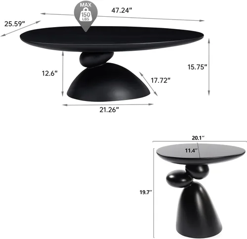 Vista 2 de Lucky - Juego de mesa auxiliar ovalada y 2 mesas auxiliares, mesa de té minimalista de fibra de vidrio con base escultórica, juego de mesa baja
