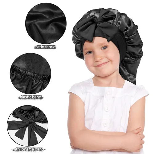 Vista 3 de AWAYTR Gorro de satén para niñas con trenzas de pelo largo para dormir Negro