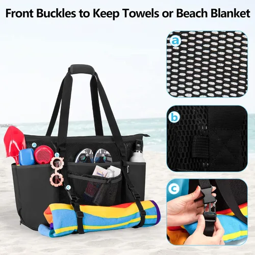 Vista 4 de Fasrom Extra Large Mesh Beach Bag with Zipper Bottom Family Beach Tote Bag with Wet and Dry Separation Patent Design