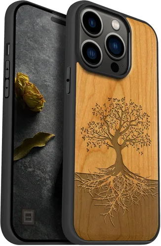 Vista 12 de Carveit Funda magnética de madera para iPhone 14 Pro, madera natural y TPU suave negro, funda protectora a prueba de golpes, funda de madera única