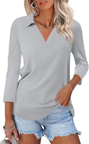 Vista 8 de TICTICMISS - Camisas polo de cuello en V para mujer, manga 3/4, con cuello, tops casuales de negocios, tops de verano a la moda, holgados