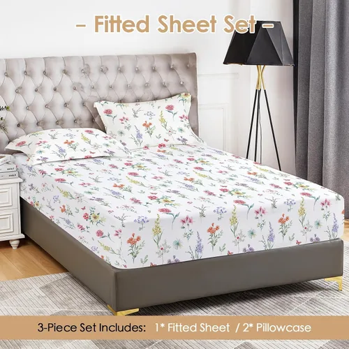 Vista 5 de YIYEA Sábana bajera ajustable floral con funda de almohada, sábana bajera de microfibra de doble cepillado de alta calidad, bolsillo profundo de 16