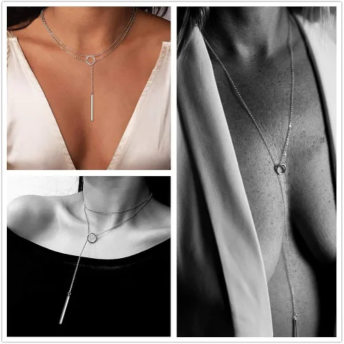 Vista 4 de Cosol Silver Collar largo Lariat, colgante de plata de ley 925, collar de barra vertical circular, collar en Y ajustable
