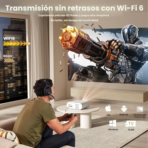 Vista 6 de Proyector para exteriores incorporado Google TV, proyector inteligente con tapa de lente automática Sovboi 4K Support, WiFi 6 & Bluetooth, AI Auto