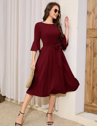 Vista 3 de HomRain Vestidos de iglesia para mujer 2025, invitada de boda, cóctel, fiesta de té, manga acampanada, vestido vintage de graduación de noche