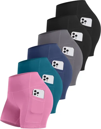 Vista 11 de CHRLEISURE - 6 paquetes de pantalones cortos de mujer estilo biker con bolsillo, pantalones cortos de elastano de control de abdomen de 5 pulgadas