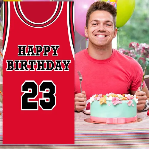 Vista 6 de Fondo de pancarta de feliz cumpleaños 23, fondo rojo de baloncesto estrella jugador de deportes decoración para hombre niño primer cumpleaños fiesta