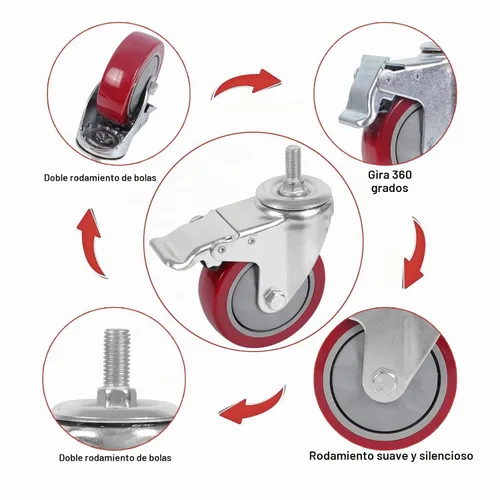 Vista 5 de DICASAL Ruedas de vástago resistente de 3 pulgadas Ruedas de rosca giratorias de 360 grados con tamaño métrico M12-1.75 Tornillo de doble bloqueo