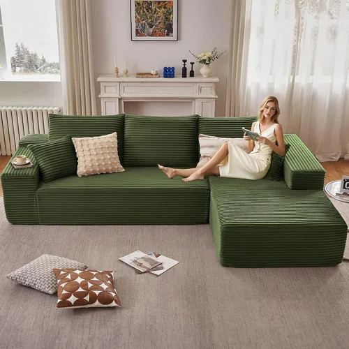 Vista 25 de Sofá modular de 96 pulgadas en forma de L, sofá modular de 3 asientos, sofá modular de pana de espuma viscoelástica sin hueso para sala de estar