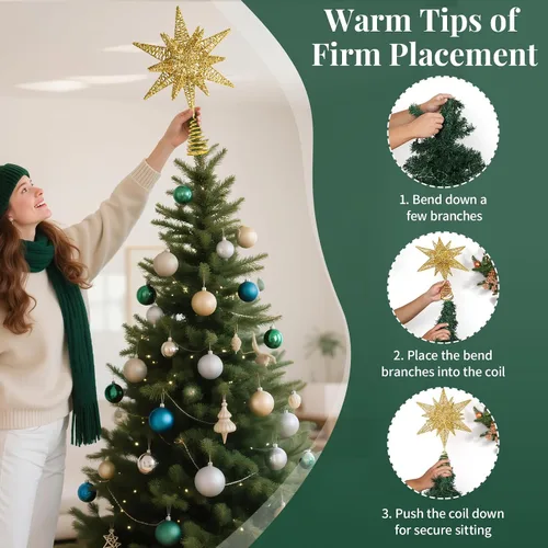 Vista 4 de Lewondr - Estrella para punta de árbol de Navidad, alimentación USB, control remoto, diseño hexagonal multicapa de 11 pulgadas, 8 modos de luz