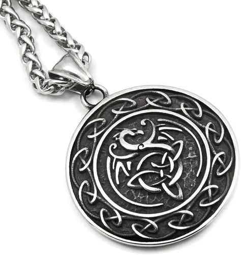 Vista 3 de Collar con colgante de triquetra de acero inoxidable, diseño de dragón con nudo celta