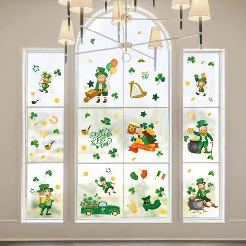 Vista 2 de Calcomanías estáticas reutilizables para ventana del día de San Patricio, estilo duende grande, reutilizables, para decoraciones del día de San