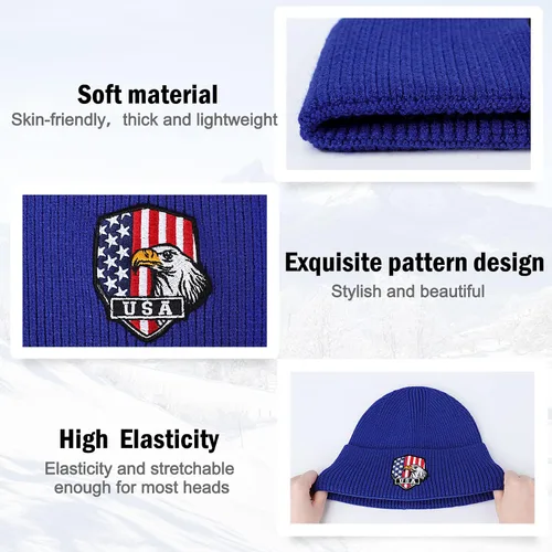 Vista 3 de Gorros para hombre, cálidos sombreros de invierno con bandera americana, águila calva, bordados, de punto suave, con diseño de calavera, 6 34-7 14