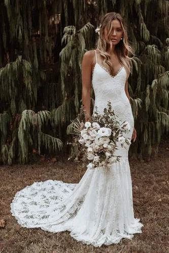 Vista 2 de Clothfun - Vestidos de novia de encaje con mangas para mujer, vestidos de novia largos para la playa