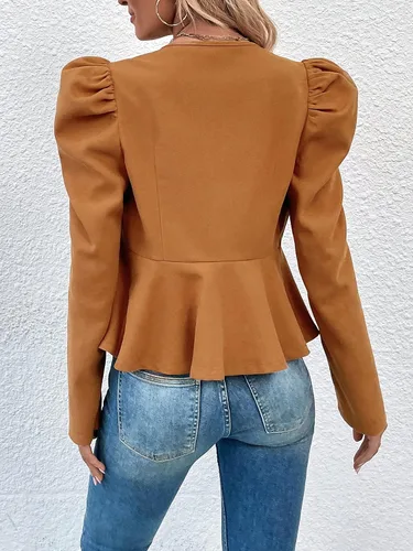 Vista 2 de MakeMeChic Abrigo de manga abombada con cremallera y dobladillo con volantes para mujer