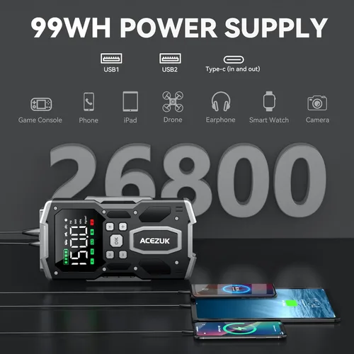 Vista 10 de ACEZUK - Arrancador portátil para automóvil con compresor de aire, 150PSI 8000A (todo gasolina/10.0L diesel), batería de 12 V, batería de arranque