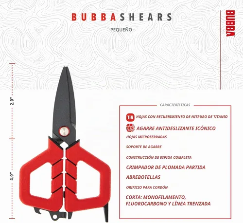 Vista 3 de BUBBA Tijeras pequeñas de pesca con cuchillas microdentadas y herramienta de crimpado de tiro dividido - Abrebotellas y agujero para cordón