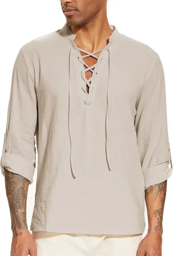 Vista 3 de LUYANA Camisa tradicional de lino y algodón con cordones para hombre de manga larga enrollable