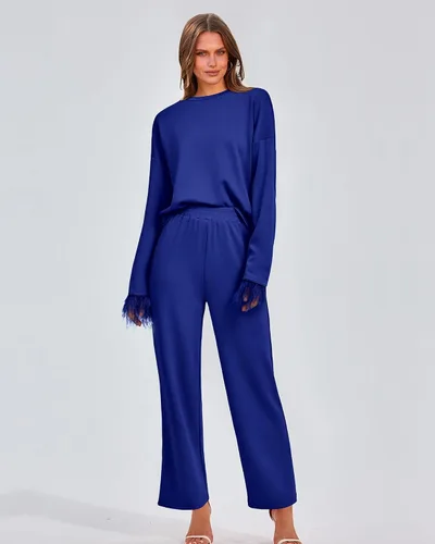 Vista 2 de BTFBM Women Two Piece Outfits 2023 Feather Trim Loose Long Sleeve Pullover Leg Pants Casual Sweatsuit Tracksuits Sets