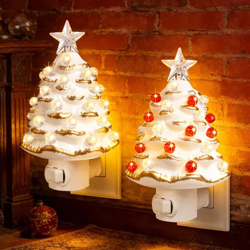 Vista 10 de Luz nocturna de cerámica para árbol de Navidad, paquete de 2 luces nocturnas de Navidad con enchufe de 6.3 pulgadas, árboles de Navidad de cerámica