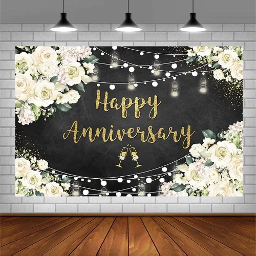 Vista 3 de SENDY Telón de fondo floral negro y dorado de 7 x 5 pies, pizarra de tiza con texto en inglés "Love Cheers to 10 años", suministros para fiestas
