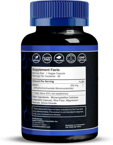 Vista 12 de WELLNESS LABSRX NMNH 650 mg por porción - Mononucleótido de dihidronicinamida - Apoya los niveles de NAD+ - 90 cápsulas vegetales - Suministro