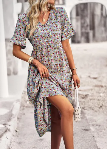 Vista 2 de Vaiaye Vestido bohemio floral de manga corta para mujer, vestido de verano casual, cuello en V, acampanado, bohemio, maxi vestidos