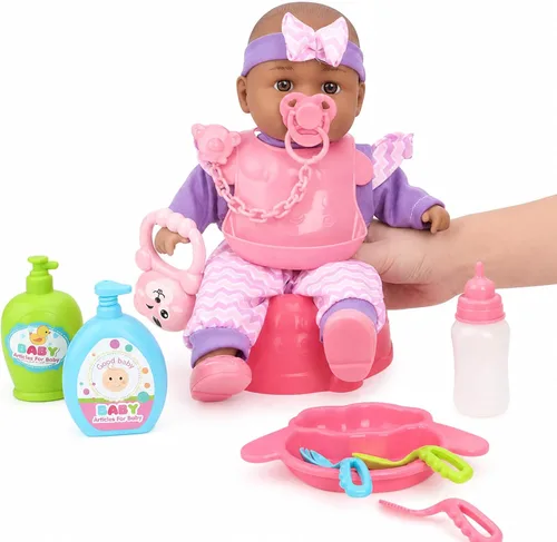 Vista 7 de deAO Cochecito de muñeca de bebé, juego de juguetes de simulación con Negro