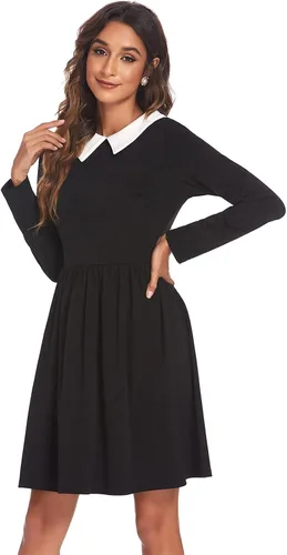 Vista 3 de POGTMM Womens Halloween Costume Dress Long Sleeve Black Dress Addmans Family Collar Dress