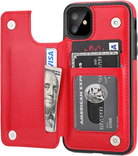 Vista 10 de OT ONETOP - Funda tipo cartera para iPhone 11 con tarjetero y ranuras para tarjetas, doble cierre magnético y funda duradera a prueba de golpes