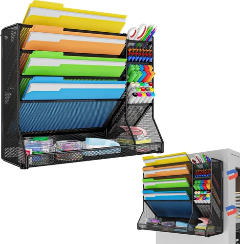 Vista 10 de Jakyitvi Organizador de archivos montado en la pared, organizador de escritorio de metal ajustable y duradero de 4 niveles, soporte para archivos
