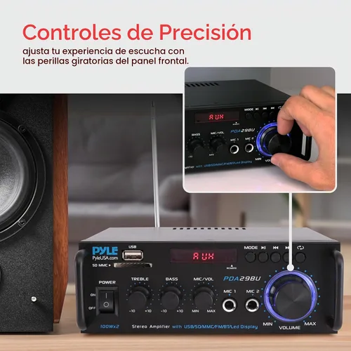 Vista 5 de Pyle Amplificador de potencia estéreo Bluetooth inalámbrico de 200 W, receptor de audio de doble canal con RCA, USB, SD, entrada de micrófono, radio