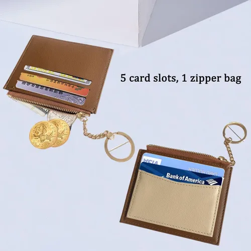 Vista 3 de MaziZhang Tarjetero de crédito para mujer, cartera delgada con llavero, monedero pequeño minimalista para el día de la madre, Marrón, Minimalista