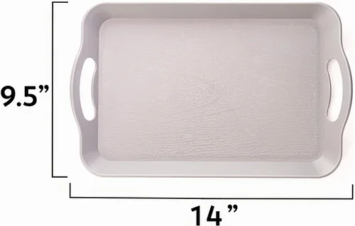 Vista 4 de Bandeja de cafetería con mango – Bandeja rectangular de plástico texturizado de grano de madera para TV de 14 x 9 pulgadas – Ideal para bufés de Gris